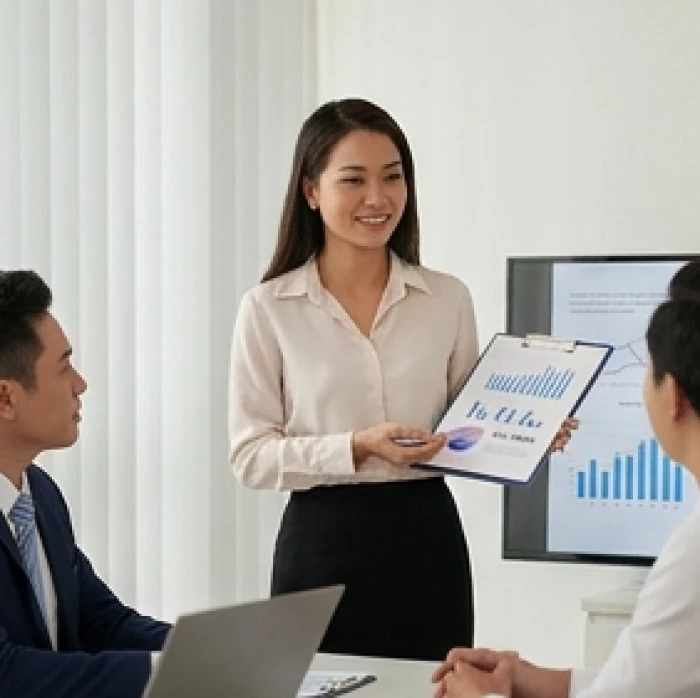 Nữ nhân viên tự tin trình bày dự án với đồng nghiệp trong một cuộc họp nhỏ