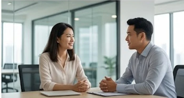 Cuộc thảo luận riêng tư cởi mở giữa hai đồng nghiệp tại phòng họp để thống nhất giải pháp công việc chuyên nghiệp