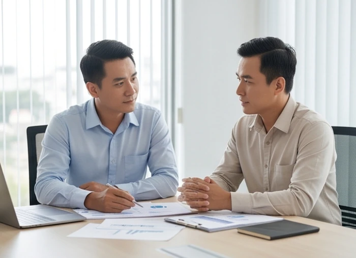 Hai đồng nghiệp thảo luận ôn hòa về bảng số liệu dự án nhằm tìm ra giải pháp tối ưu mà không gây căng thẳng