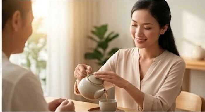 Một người phụ nữ đang nở nụ cười nhẹ nhàng rót trà nóng mời đối tác trong không gian phòng khách thanh lịch