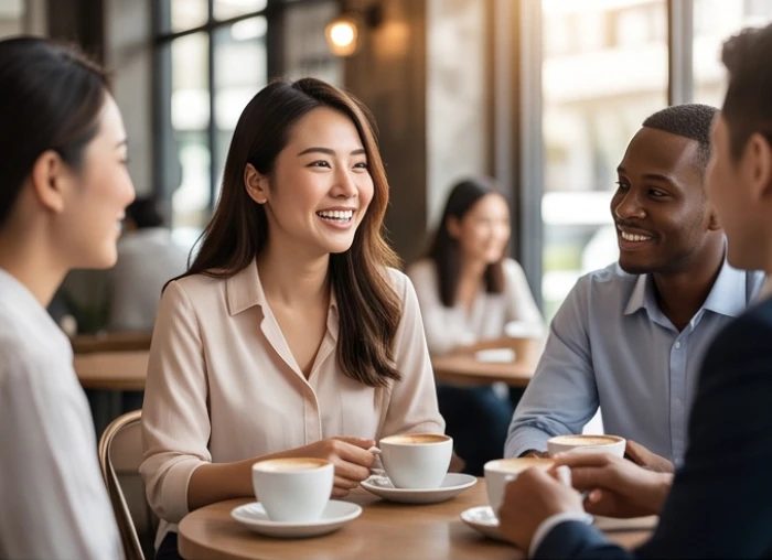 Nữ giới tuổi Thân tươi cười trò chuyện cởi mở cùng các đối tác trong không gian quán cà phê hiện đại