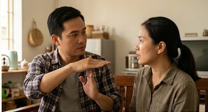 Người chồng đang giơ tay làm ký hiệu xin tạm dừng cuộc tranh luận để cả hai cùng giữ bình tĩnh lại