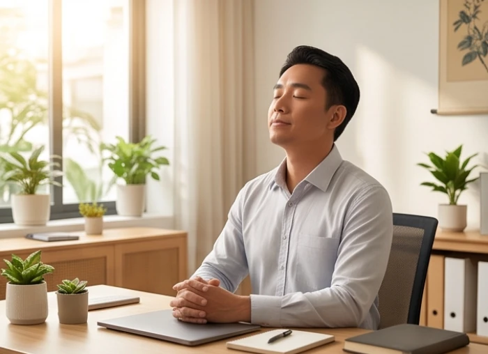 Một người đang nhắm mắt hít thở sâu để giữ bình tĩnh trước khi đưa ra một quyết định quan trọng