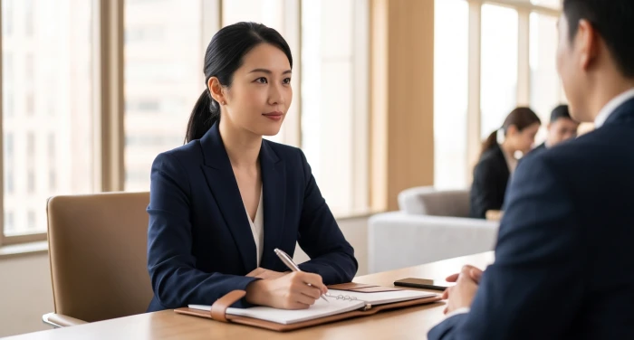 Nữ doanh nhân điềm tĩnh lắng nghe và ghi chép cẩn thận trong quá trình đàm phán hợp đồng kinh doanh