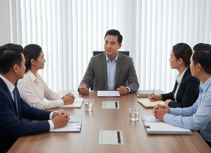 Người quản lý đang chỉ dẫn và phân chia nhiệm vụ chi tiết cho đội ngũ trong một cuộc họp chuyên môn
