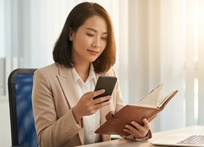 Nữ nhân viên bình tĩnh kiểm tra lại lịch trình cá nhân trên sổ tay