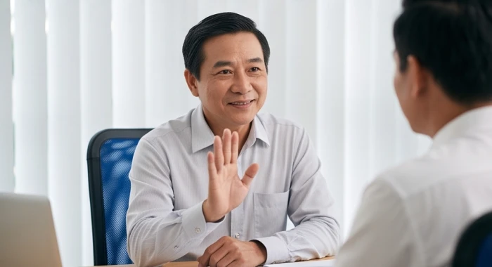 Người quản lý U50 giơ tay với cử chỉ nhẹ nhàng và lịch sự để từ chối yêu cầu từ đồng nghiệp
