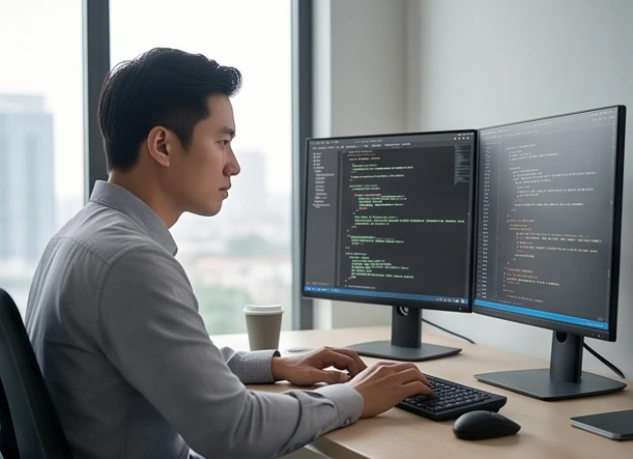 Kỹ sư phần mềm đang kiên nhẫn kiểm thử mã nguồn trên màn hình máy tính trong văn phòng công nghệ hiện đại