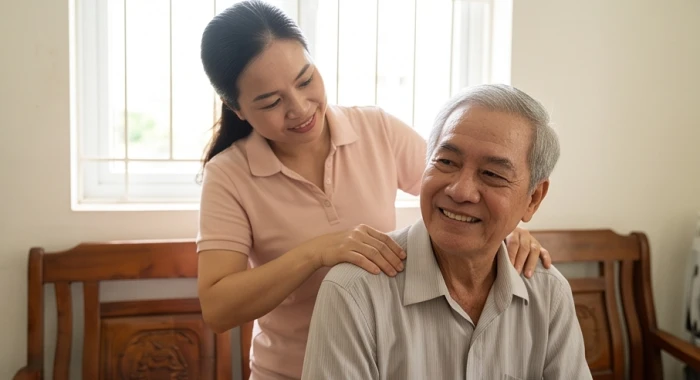 Con cháu nhẹ nhàng trò chuyện và bóp vai xoa dịu ông bà tuổi Kỷ Sửu trong phòng khách gia đình