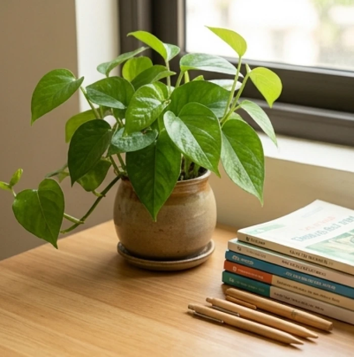 Chậu cây trầu bà nhỏ đặt cạnh bàn học bằng gỗ giúp cân bằng ngũ hành bản mệnh cho học sinh tuổi Kỷ Sửu