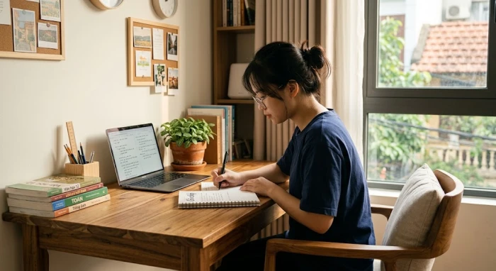 Góc học tập gọn gàng với cây xanh hợp phong thủy cho học sinh tìm hiểu kỷ sửu 2009 mệnh gì để tăng cường sự tập trung