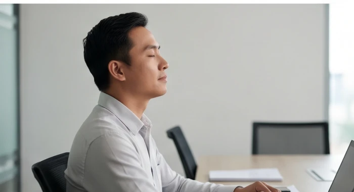 Nhân sự văn phòng thực hiện hít thở sâu và áp dụng quy tắc 3 nhịp để giữ điềm tĩnh khi thảo luận