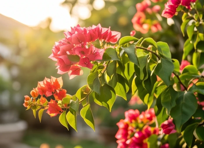 Tán lá cây hoa giấy có dấu hiệu hơi rũ xuống trong quá trình ngưng tưới nước để kích thích ra mầm hoa