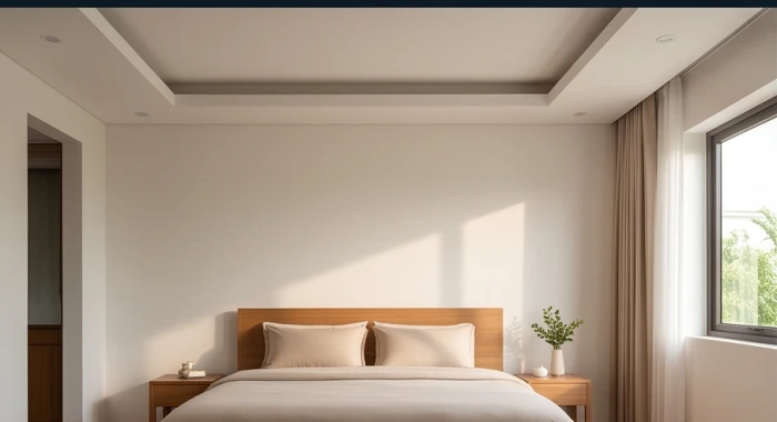 Bố trí giường ngủ bằng gỗ cách xa khu vực dầm bê tông và xà ngang phía trên trần nhà nhằm đảm bảo giấc ngủ thư thái