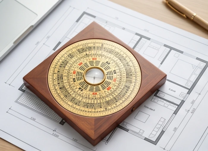 La bàn phong thủy Bát Trạch đặt trên bản vẽ kiến trúc xác định hướng nhà hợp cung phi nam nữ Quý Sửu