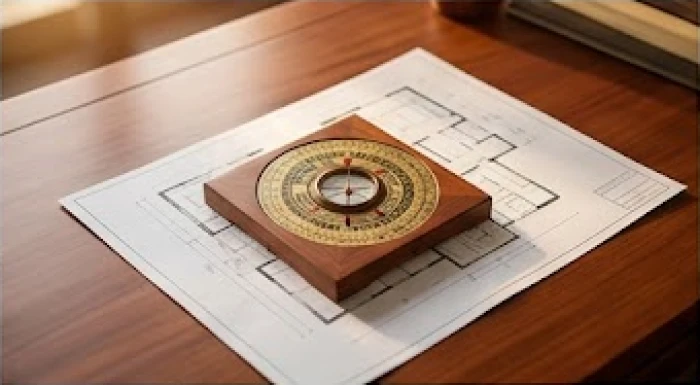 La bàn phong thủy bằng gỗ khắc phương vị Bát trạch đặt trên bản vẽ kiến trúc nhà ở gia đình Việt Nam
