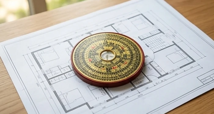 La bàn bát trạch phong thủy đặt trên bản vẽ mặt bằng kiến trúc định vị hướng nhà