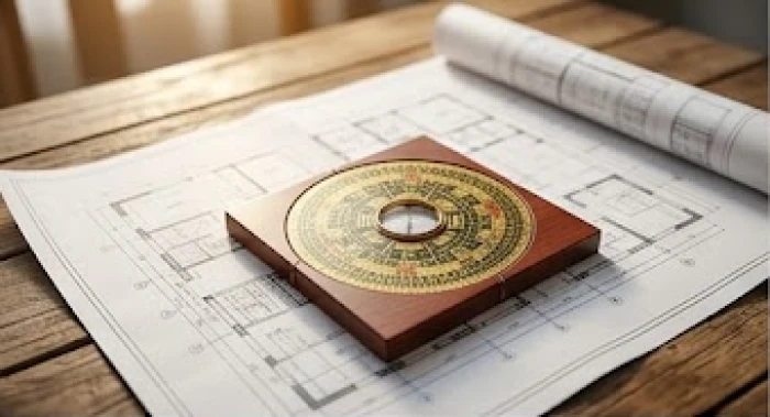 La bàn phong thủy Bát Trạch được đặt trên bản vẽ thiết kế nhà ở