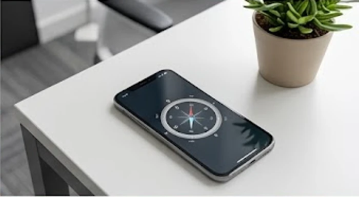 Ứng dụng la bàn trên điện thoại đang đo lường hướng đặt chậu cây phong thủy trên bàn