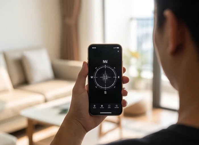 Người cầm điện thoại hiển thị ứng dụng la bàn chỉ đúng góc Tây Bắc trong không gian phòng khách sáng sủa