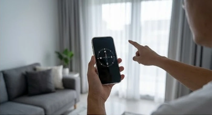 Ứng dụng la bàn trên màn hình điện thoại thông minh đang được sử dụng để xác định phương vị của không gian sống