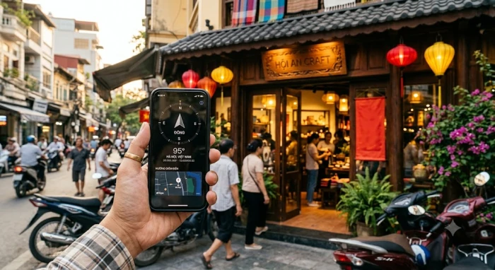 Một chiếc la bàn điện thoại đang hiển thị tọa độ chi tiết để xác định phương hướng tốt nhất cho mặt tiền