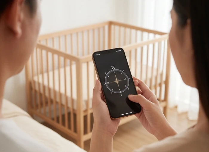 Người mẹ dùng điện thoại mở ứng dụng la bàn để căn chỉnh đầu nôi của bé về hướng Bắc