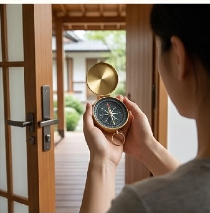 Người đàn ông đang cầm la bàn chuyên dụng đo tọa độ thực tế tại khu vực ngay sát cửa ra vào chính