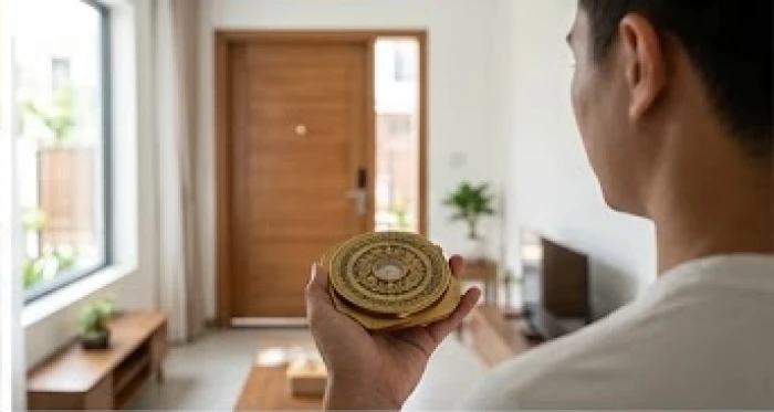 La bàn phong thủy đặt cân bằng trên tay người đo đứng tại tâm nhà hướng ra phía cửa chính
