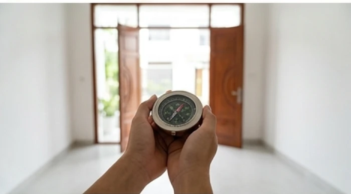 Gia chủ cầm la bàn phong thủy đứng tại tâm nhà để đo đạc và đối chiếu phương hướng mở cửa chính