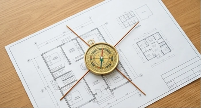 La bàn phong thủy đặt tại giao điểm hai đường chéo trên bản vẽ mặt bằng nhà để xác định phương vị