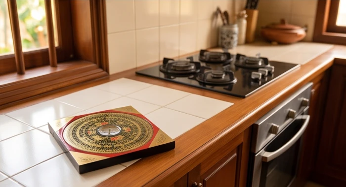 Chiếc la bàn phong thủy đặt gần bếp nấu gọn gàng để kiểm tra hướng Tây Bắc hoặc Đông Bắc cát tường