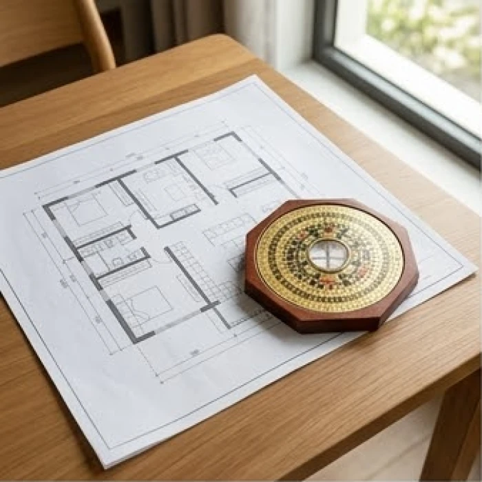 Bản vẽ mặt bằng nhà kết hợp la bàn phong thủy Bát Trạch phân tích phương vị cát hung cho nam và nữ mạng.