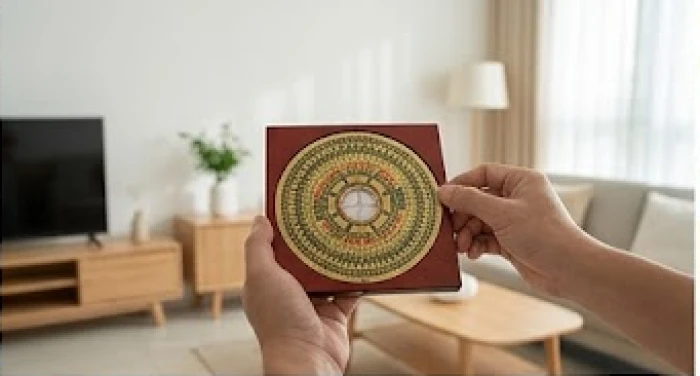 Bàn tay cầm la bàn phong thủy đặt tại tâm phòng khách để đo lường các phương vị cát hung