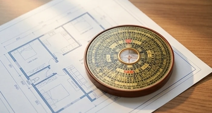 La bàn phong thủy đặt trên bản vẽ nhà để đo đạc Đông tứ trạch và Tây tứ trạch