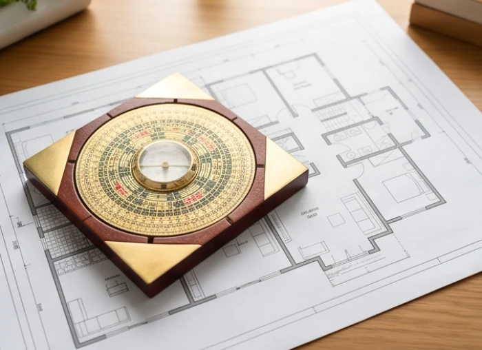 La bàn phong thủy đặt trên bản vẽ thiết kế nhà ở giúp phân định rõ hướng tốt xấu cho nam và nữ gia chủ