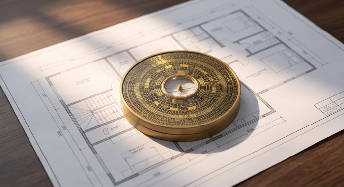Chiếc la bàn phong thủy bằng đồng đặt trên bản vẽ thiết kế nhà ở giúp gia chủ xác định hướng tốt