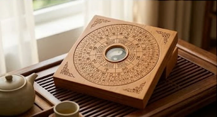 Sa bàn gỗ khắc la bàn phong thủy tinh xảo đặt trên chiếc bàn trà cổ điển dùng để xem hướng