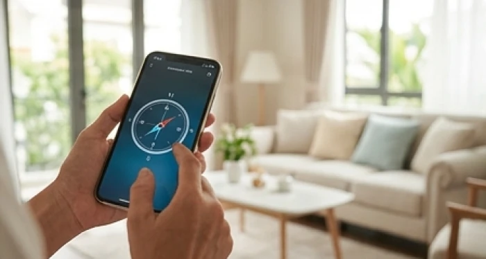 Bàn tay đang cầm điện thoại mở ứng dụng la bàn để kiểm tra phương hướng phòng khách