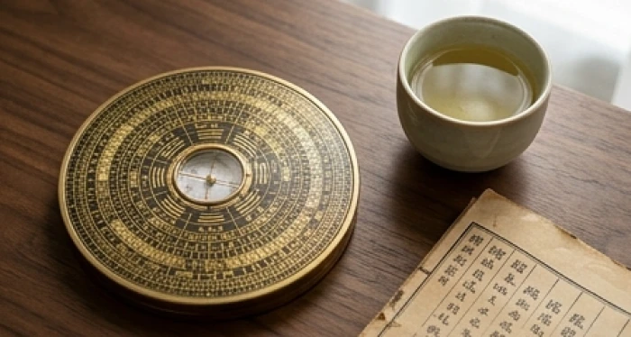 La bàn phong thủy đặt trên bàn trà gỗ giúp định vị không gian sống hài hòa cho người tuổi Tuất