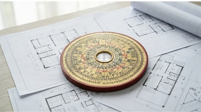 Chiếc la bàn phong thủy đặt cẩn thận trên bản vẽ thiết kế mặt bằng để xác định hướng nhà kiêng kỵ