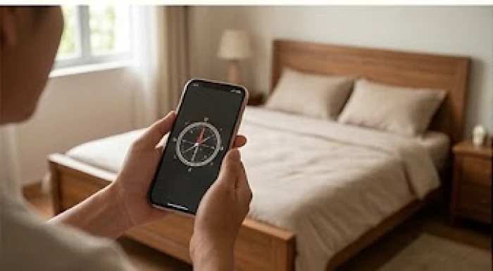 Bàn tay đang cầm điện thoại mở ứng dụng la bàn để kiểm tra cẩn thận hướng kê đầu giường trong phòng ngủ
