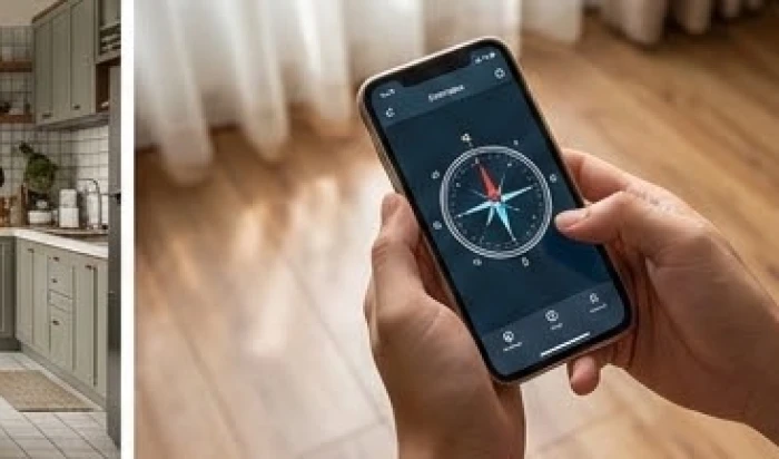 Người đàn ông dùng la bàn điện thoại định vị hướng đặt bể cá tại phòng khách để tìm cung Sinh Khí