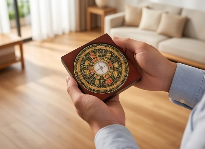 Người đàn ông cầm chiếc la bàn phong thủy đứng giữa không gian phòng khách sáng sủa để đo hướng sinh khí