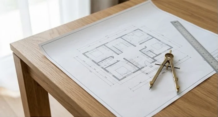 Bản vẽ mặt bằng kiến trúc nhà phố được đặt trên bàn làm việc cùng với thước kẻ và sổ ghi chép