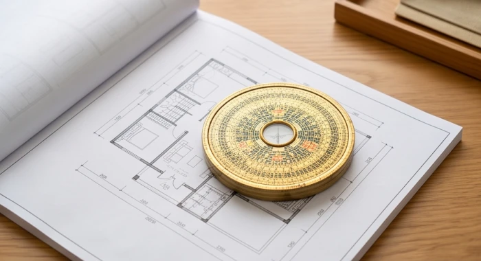 La bàn phong thủy đặt trên bản vẽ mặt bằng nhà xác định bốn phương vị cát khí Tây tứ mệnh