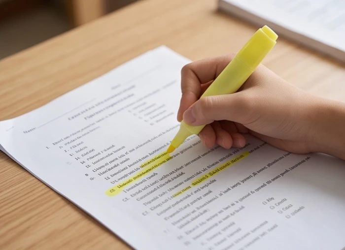 Học sinh dùng bút gạch chân từ khóa đề thi trắc nghiệm để tránh sơ suất do tính vội vàng