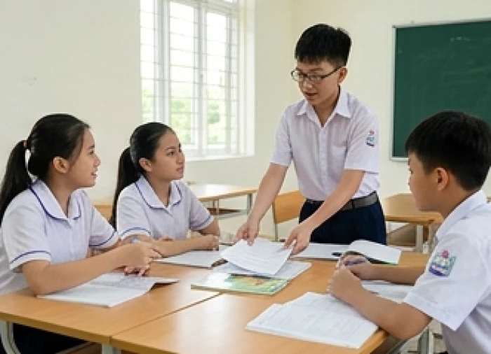Nhóm học sinh phân chia nhiệm vụ rõ ràng trong đó một bạn đang tỉ mỉ sắp xếp tài liệu học tập chung
