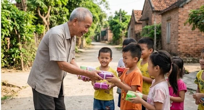 Nụ cười hiền hậu của người đàn ông khi trao tặng những phần quà ý nghĩa cho trẻ em có hoàn cảnh khó khăn