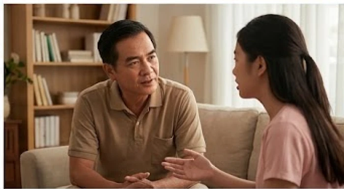 Cuộc trò chuyện cởi mở và chân thành thể hiện sự tôn trọng lắng nghe giữa các thành viên trong gia đình